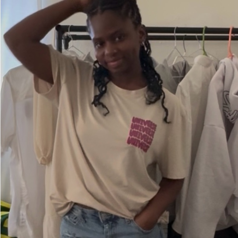 SHEIN Beige T-Shirt with Pink Graphic